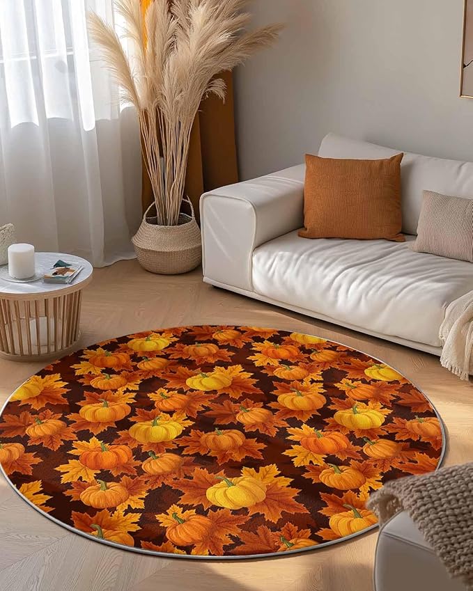 Round Area Rug,Autumn Thanksgiving Pumpkin Watercolor Circle Living Room Rug Non-Slip Rugs Indoor Carpet,Orange Maple Leaves Seamless Soft Comfort Rugs for Bedroom KidsRoom Nursery