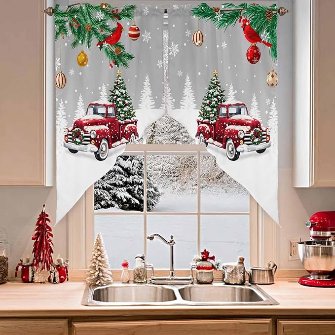 Red Christmas Truck Swag Valance Curains Winter Car with Xmas Tree Leaf Bird Grey Rod Pocket Kitchen Curtains Scalloped Window Treatment Valances Swag for Living Room Bedroom, 1 Pair, 36" W x 45" L