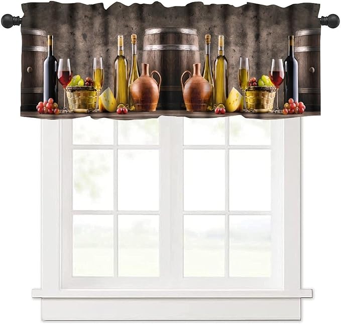 Vintage Wine Kitchen Valance, Farm Country Wine Barrel Grape Rustic Cellar Decor Short Window Treatment for Dining Resturant Party Decoration, 54x18Inch