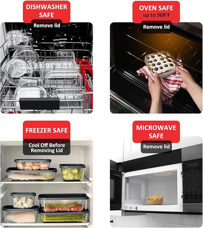 EATEX 7 Pack Glass Meal Prep Containers with Grooved Base, 7 Stackable BPA Free Glass Storage Containers with Lids for Lunch, Pantry, and Kitchen - Microwave, Dishwasher Freezer & Oven Safe - Black