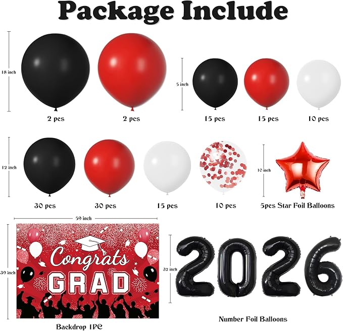 Graduation Decorations Class of 2026: Red and Black Graduation Balloons Arch Kit 2026 Party Decorartion with Congrats Grad Backdrop Party Supplies for High School & College Celebrations