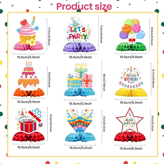 Happy Birthday Decorations Set - 9PCS Birthday Honeycomb Centerpieces for Table, Colorful Themed Table Decoration for Birthday Party Supplies