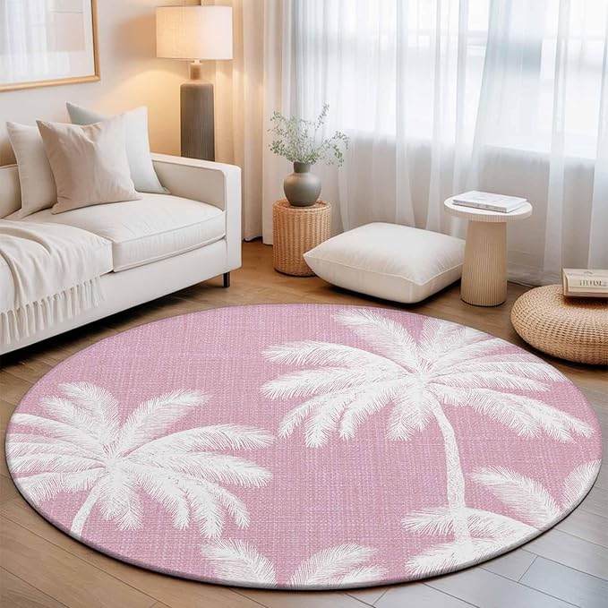 Washable Round Area Rug Boho Pink Palm Trees Vintage Circle Rugs Floor Carpet for Living Room Bedroom, Summer Tropical Leaves Soft Non Slip Round Rug 5ft