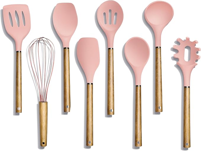 Country Kitchen Non Stick Silicone Utensil Set with Rounded Wood Handles for Cooking and Baking, 8 Piece Set, Pink