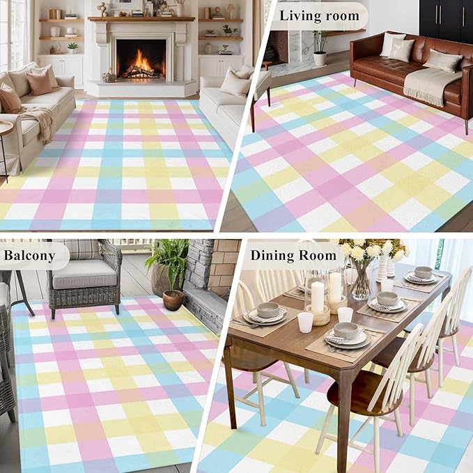 Area Rug 6x9ft, Spring Easter Colorful Lattice Washable Rugs for Living Room Bedroom, Minimalist Buffalo Checker Soft Non-Slip Area Rugs Rectangle Floor Carpet for Dining Room