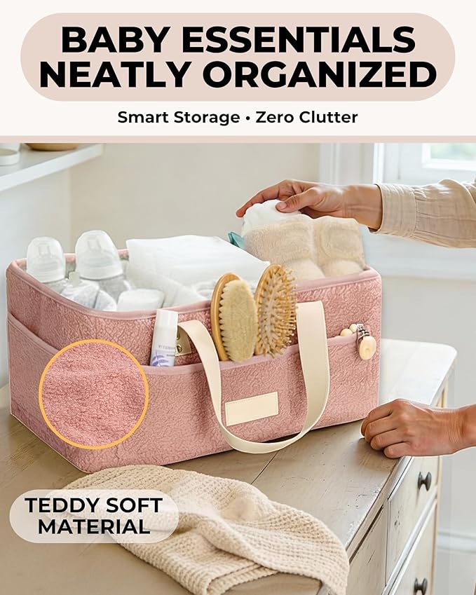 Baby Diaper Caddy Organizer with Portable Changing Mat - Teddy Fleece Diaper Organizer for Changing Table - Basket for Changing Essentials - Baby Essentials Organizer with Removable Dividers