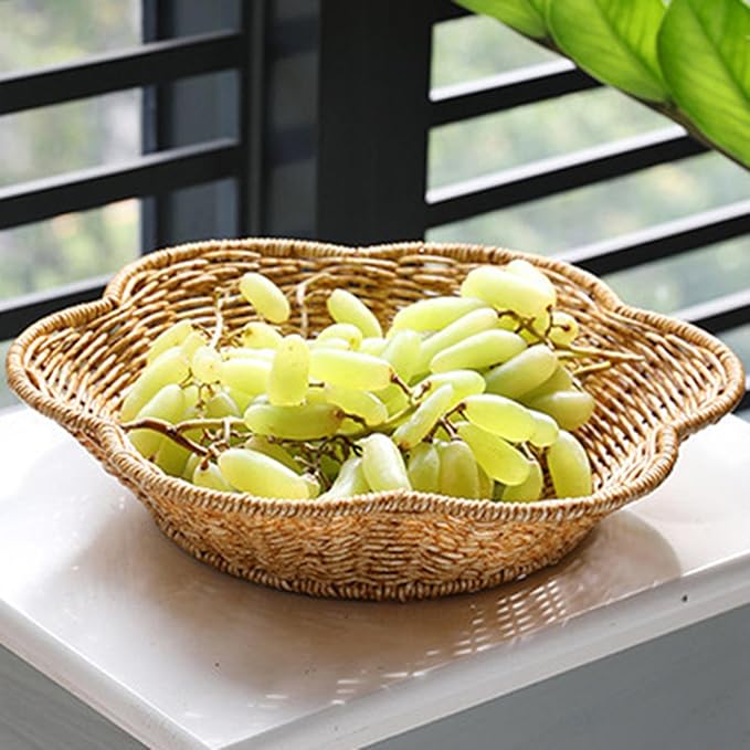 Generic Wicker Round Basket, Scalloped Serving Tray, Oval, Natural, Polypropylene, for Coffee Table Organizing