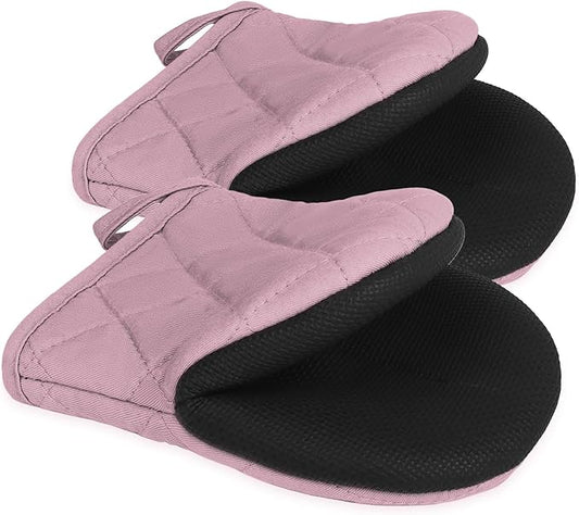 Short Oven Mitts, Heat Resistant 500°F, Silicone Grip Kitchen Gloves, Non-Slip for Baking, Grilling, BBQ, Machine Washable with Hanging Loop, 2-Pack Set, Light Pink