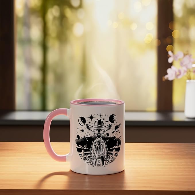 Alien Lover Flying Saucer UFO Extraterrestrial Cowboy Ceramic Mug, Pink/White