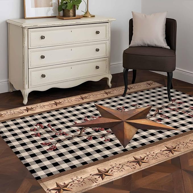 Brown Texas Star Retro 4x6 Area Rugs, Country Star Non-Skid Rubber Backing Large Rectangle Rugs - Living Room Bedroom Home Office, Black White Plaid Wooden Indoor Floor Mat Carpets Washable Rug