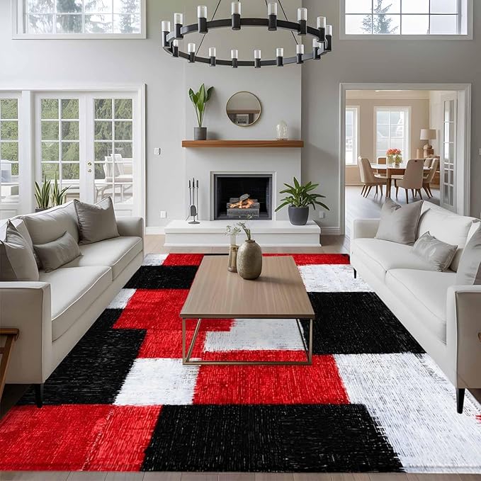 Area Rug 9x12ft, Red Black White Gradient Washable Rugs for Living Room Bedroom Rectangle Floor Carpet, Abstract Color Block Soft Non-Slip Area Rugs for Dining Room