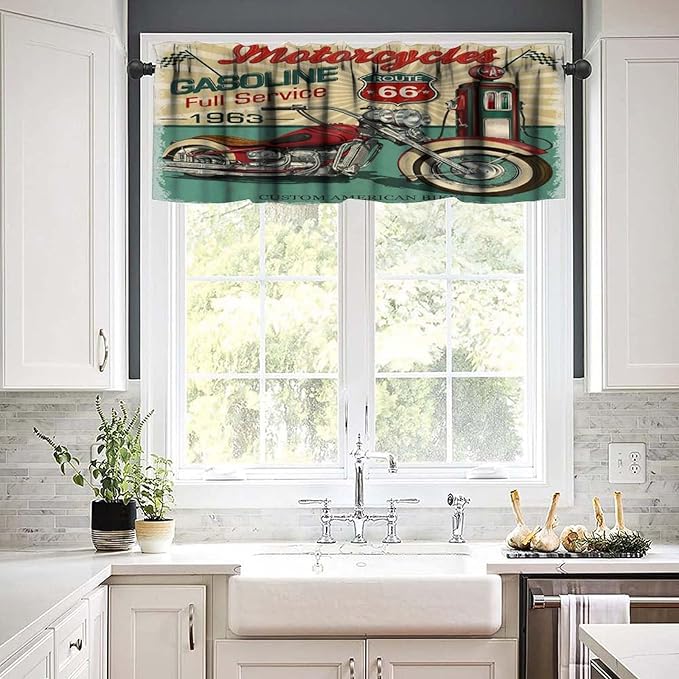 Retro Motorcycle Valance Curtain Vintage Classic Old Car Gas Station Rod Pocket Valance Window Treatments Short Curtains for Kitchen Bathroom Farmhouse Living Room Decor 54x18inch