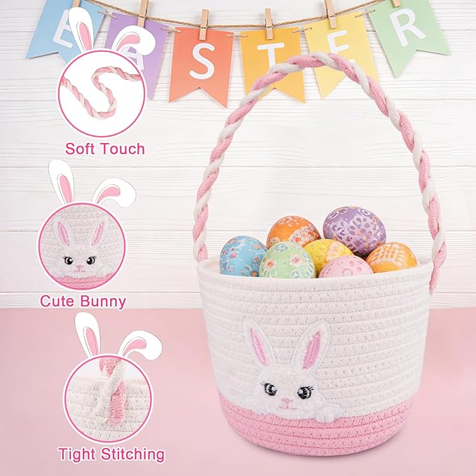 Easter Baskets for Girls, Pink Big Eyes Bunny Gift Basket Empty with Handle Woven Cotton Rope Egg Hunt Bag for Kids Babies Toddler Teens