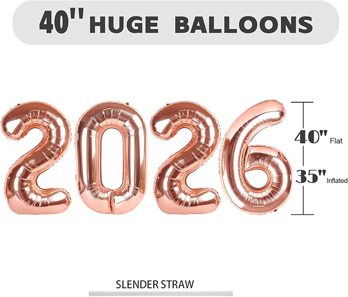 Number 2026 Balloons 40 Inch, Rose Gold Happy New Years Eve Party Decorations, Big Number Balloons for 26 20 for Women Men Birthday Wedding, Anniversaries, Celebration