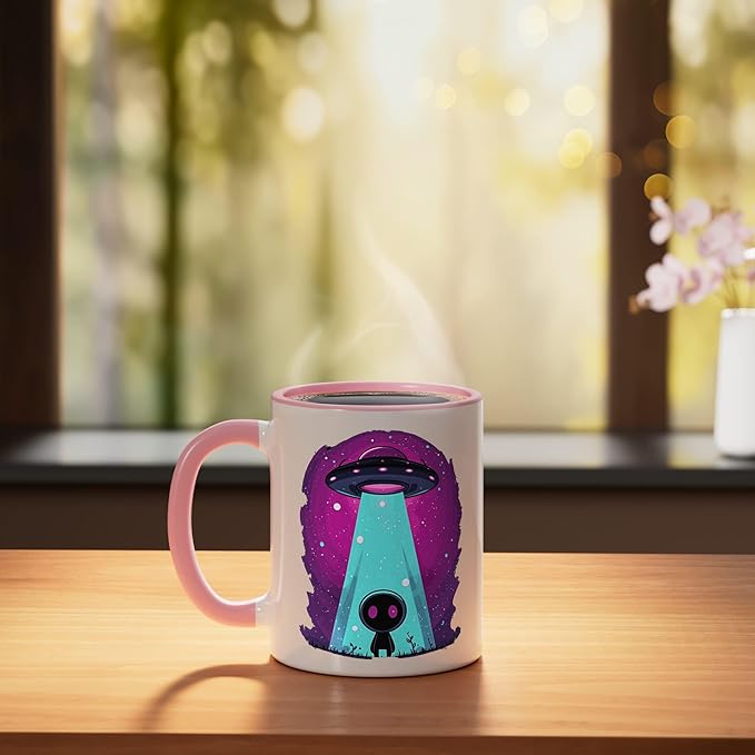 Cute Alien Abduction UFO Retro Space Sci Fi Kawaii Ceramic Mug, Pink/White
