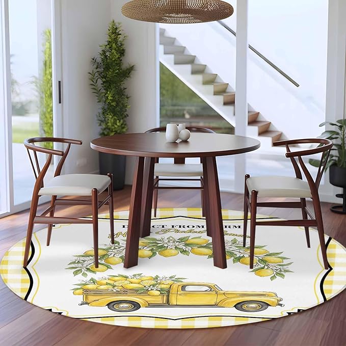 Washable Round Area Rug Farm Yellow Truck Lemon Fruit Circle Rugs Floor Carpet for Living Room Bedroom, Flower Leaves Buffalo Plaid Soft Non Slip Round Rug 5ft