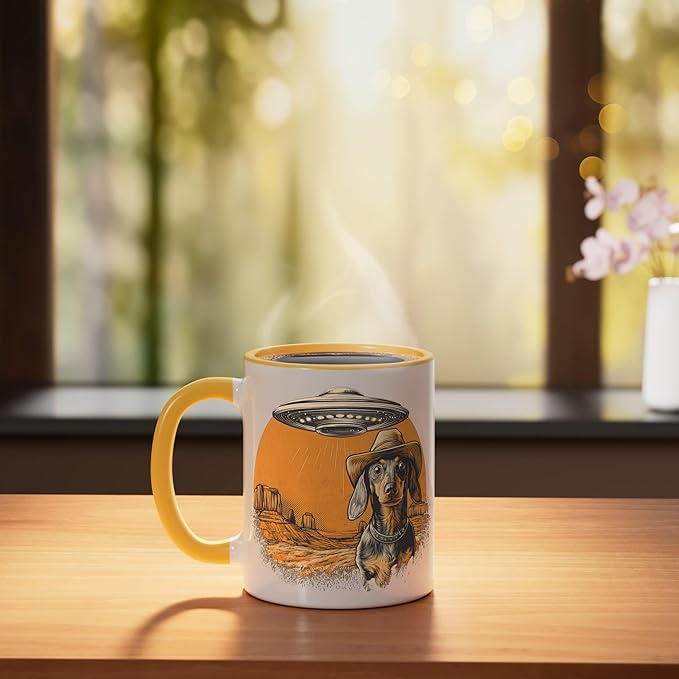 Retro Western UFO Dachshund Cowboy Alien Sci Fi Desert Ceramic Mug, Yellow/White