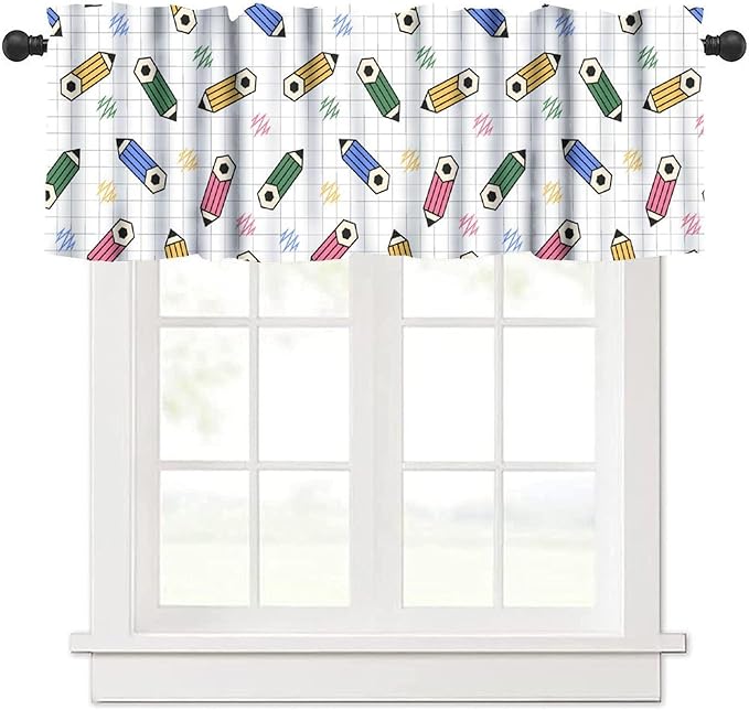 Colorful Pencil Valance Curtain, Back to School Cartoon Fun Crayon Study Painting Short Window Treatment for Kitchen Bedroom School Classroom, 54x18Inch