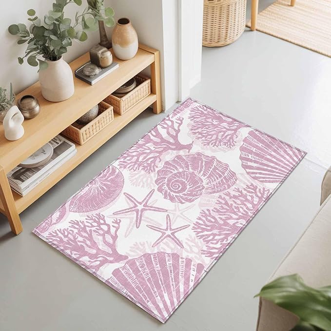 Area Rug 2x3ft, Watercolor Summer Marine Creature Washable Rugs for Living Room Bedroom, Pink Starfish Shell Conch Soft Non-Slip Area Rugs Rectangle Floor Carpet for Dining Room