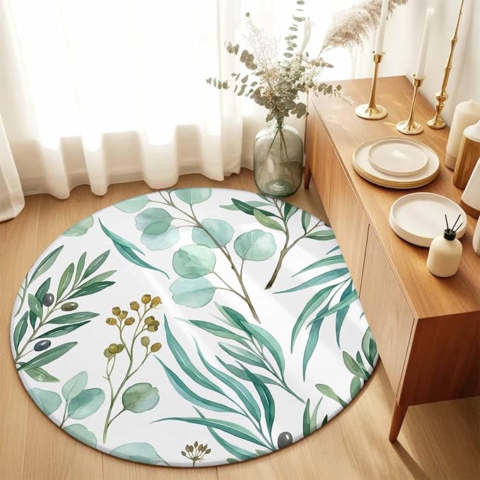 Washable Round Area Rug Watercolor Eucalyptus Leaves Circle Rugs Floor Carpet for Living Room Bedroom, Spring Green Foliage Branch Soft Non Slip Round Rug 5ft