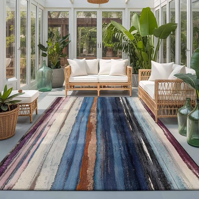 Area Rug 3x5ft, Modern Gradient Striped Art Washable Rugs for Living Room Bedroom, Retro Abstract Rustic Texture Soft Non-Slip Area Rugs Rectangle Floor Carpet for Dining Room