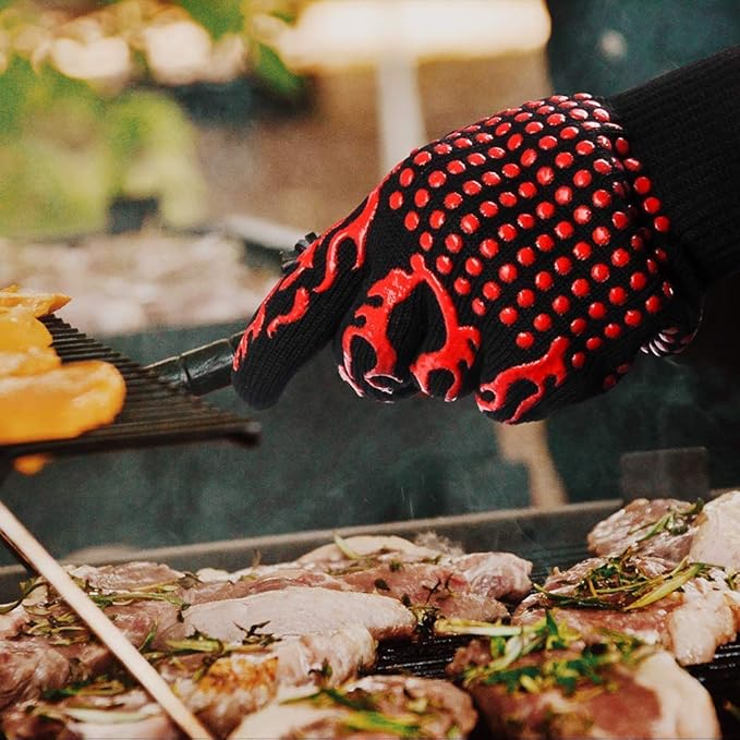 BBQ Grill Gloves, 1472°F Extreme Heat Resistant Grilling Gloves Non-Slip Oven Mitts Potholder, Perfect for Barbecue, Cooking, Baking, Fireplace, Smoker - 1 Pair (Red)