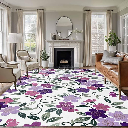 Area Rug 9x12ft, Country Purple Pink Flower Green Leaf Washable Rugs for Living Room Bedroom Rectangle Floor Carpet, Pastoral Floral Plant Soft Non-Slip Area Rugs for Dining Room