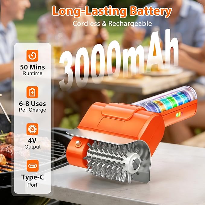 Electric Grill Brush - BBQ Grill Cleaning Tools with 800 RPM Brush Head,3000mAh Battery and 304 Stainless Steel Bristles, Cordless Rechargeable Grill Cleaner for Outdoor (Orange)