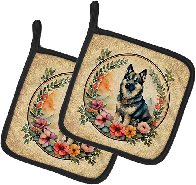 Caroline's Treasures Norwegian Elkhound and Flowers Pair of Pot Holders Kitchen Heat Resistant Pot Holders Sets Oven Hot Pads for Cooking Baking BBQ, 7 1/2 x 7 1/2