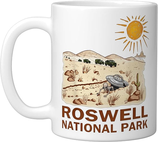 Roswell National Park UFO Flying Saucer Crash 1947 UAP Alien Ceramic Mug, White