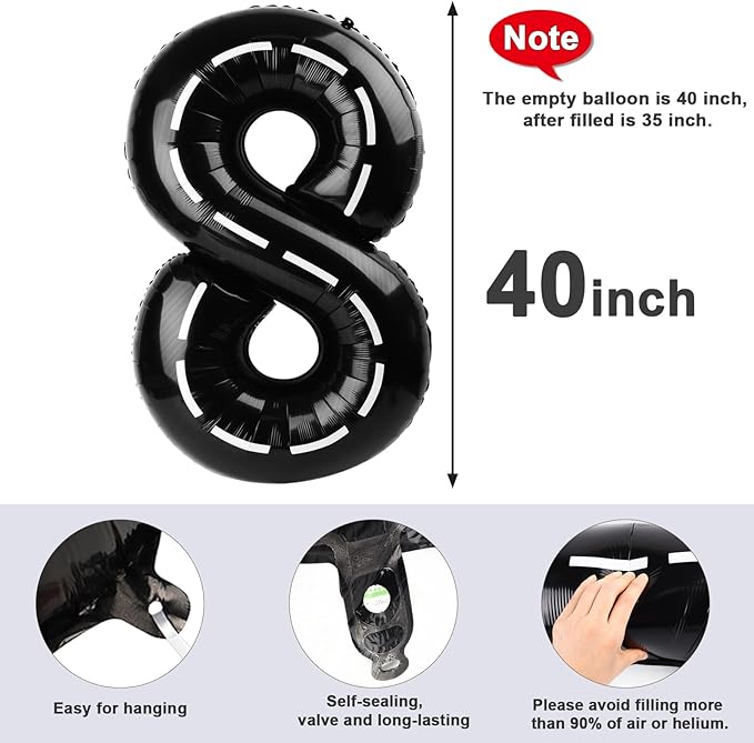 40 Inch Number 8 Balloon, Line Black 8 18 28 80 Birthday Balloons for Men Boys, 8th Birthday Decorations Party Supplies, Wedding, Graduations