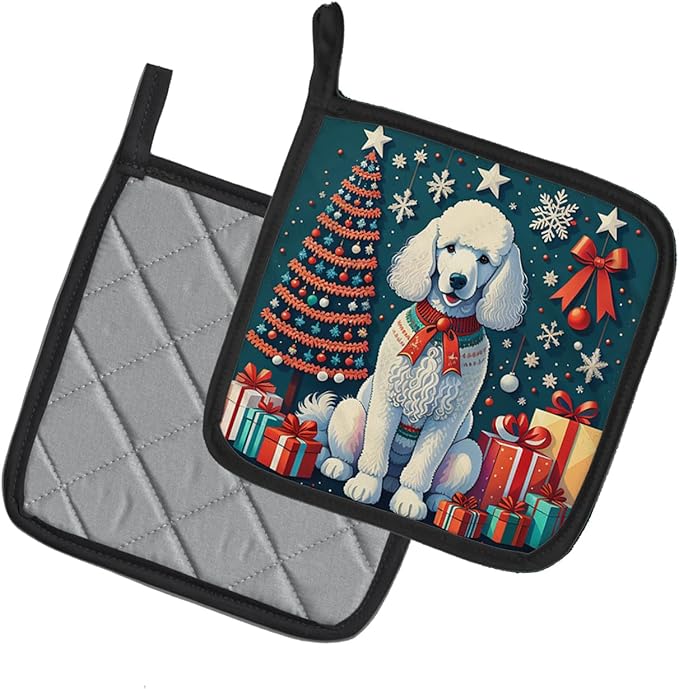 Caroline's Treasures White Poodle Christmas Pair of Pot Holders Kitchen Heat Resistant Pot Holders Sets Oven Hot Pads for Cooking Baking BBQ, 7 1/2 x 7 1/2