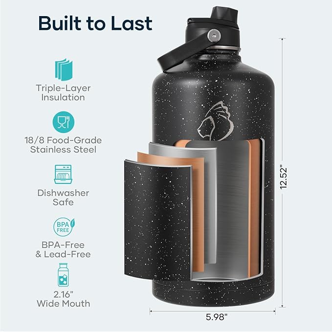 BUZIO 1 Gallon Water Jug with Straw Lid, 128oz Water Bottle Stainless Steel Triple Wall Hydro Jug 18/8 Food Grade Thermo Mug Keep Cold 48H & Hot 24H, Starry Day & Night