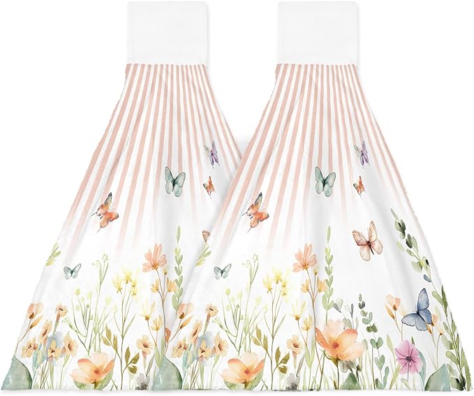 Alandar Home Kitchen Tie Towel Set of 2, Pastoral Floral Leaf Flying Butterfly Absorbent Soft Hand Towels for Bathroom Hanging Towels, Gradient Orange Stripes Fast Drying Cleaning Cloth with Loop