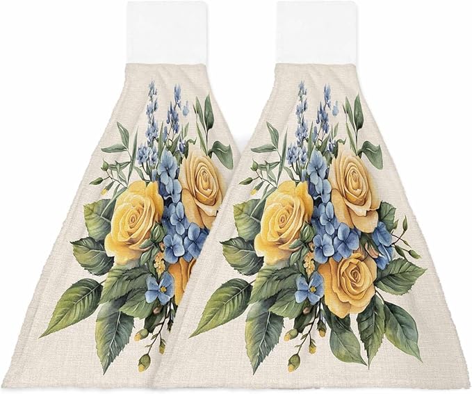 Alandar Home Kitchen Tie Towel Set of 2, Watercolor Blue Yellow Roses Absorbent Soft Hand Towels for Bathroom Hanging Towels, Vintage Country Floral Fast Drying Cleaning Cloth with Loop