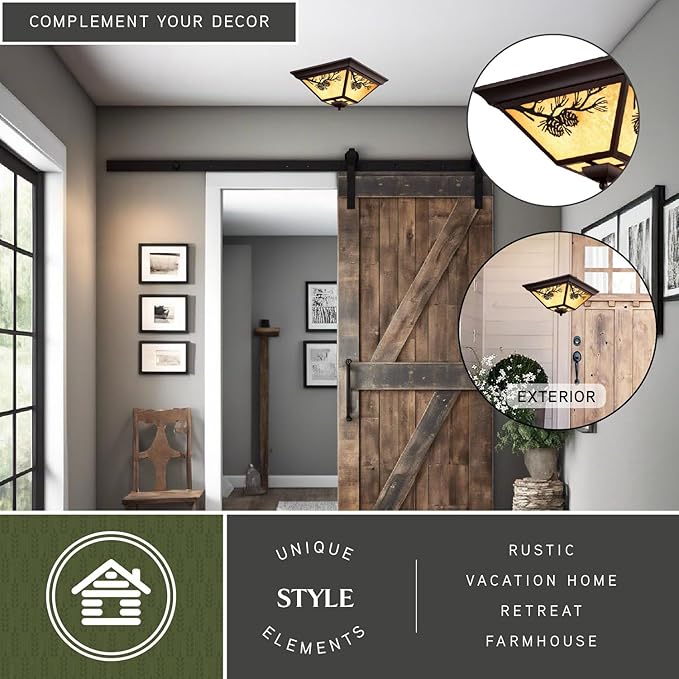 VAXCEL Douglas Warm Bronze Rustic Outdoor Flush Mount Ceiling Light Pine Cone Motif Amber Glass
