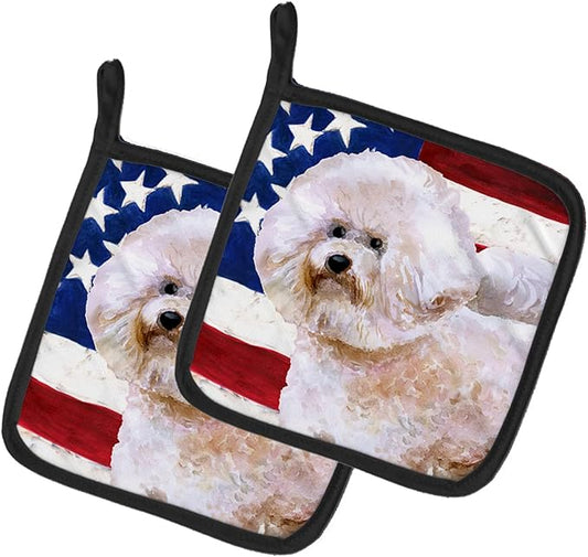 Caroline's Treasures BB9705PTHD Bichon Frise #2 Patriotic Pair of Pot Holders Kitchen Heat Resistant Pot Holders Sets Oven Hot Pads for Cooking Baking BBQ, 7 1/2 x 7 1/2