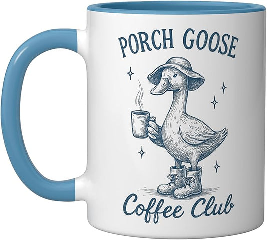 Porch Goose Coffee Club Funny Silly Goose Coffee Lover Ceramic Mug, Blue/White