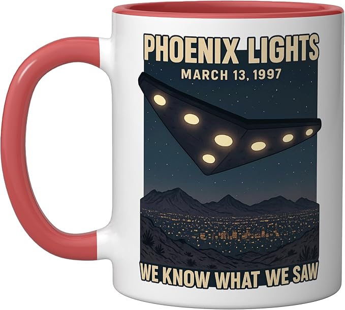 Phoenix Lights UFO V Shaped Flying Saucer Alien Ceramic Mug, Red/White