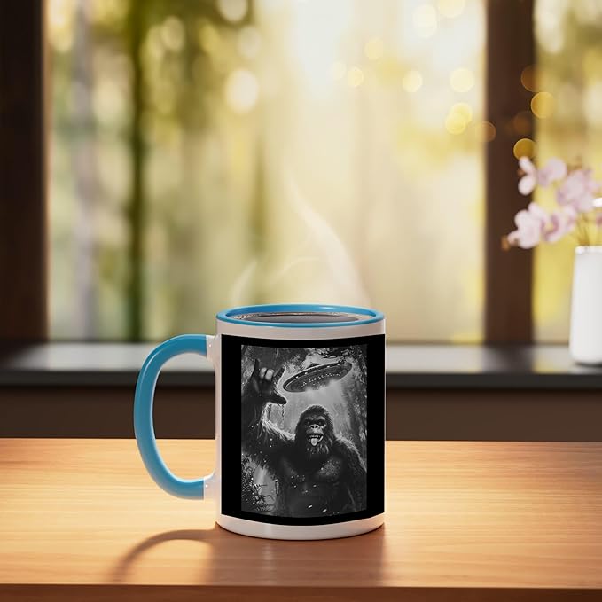 Funny Sasquatch Bigfoot Rock On Selfie with UFO Alien Saucer Ceramic Mug, Blue/White