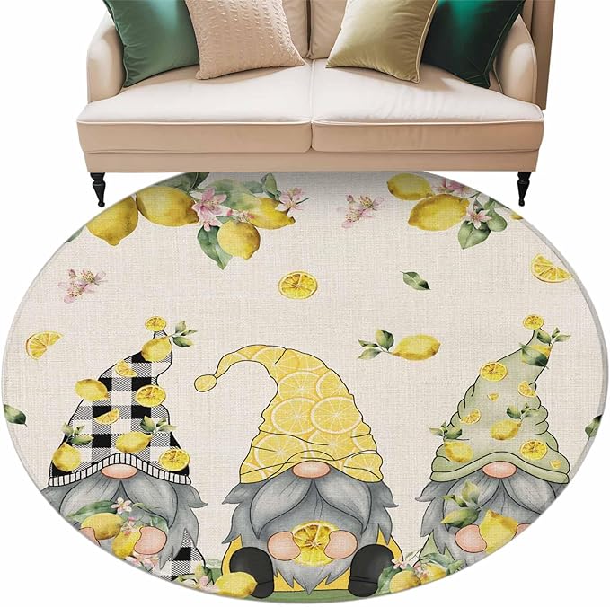Washable Round Area Rug Summer Gnome with Lemon Circle Rugs Floor Carpet for Living Room Bedroom, Farmhouse Dwarf Fruit on Linen Soft Non Slip Round Rug 5ft