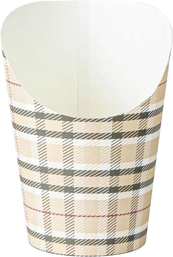 Restaurantware Bio Tek 12 Ounce French Fry Containers 100 Disposable Charcuterie Cups - Incline Design Round Plaid Paper French Fry Cups Stackable For Waffles Chips or Popcorn