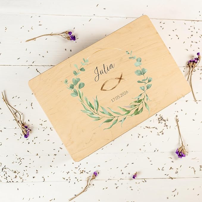 Creative Deco Personalised First Holy Communion/Confirmation Gift for Girls or Boys - Wreath | Custom Boxes | Customised Wooden Storage Box with Hinged Lid | Keepsake/Decoration