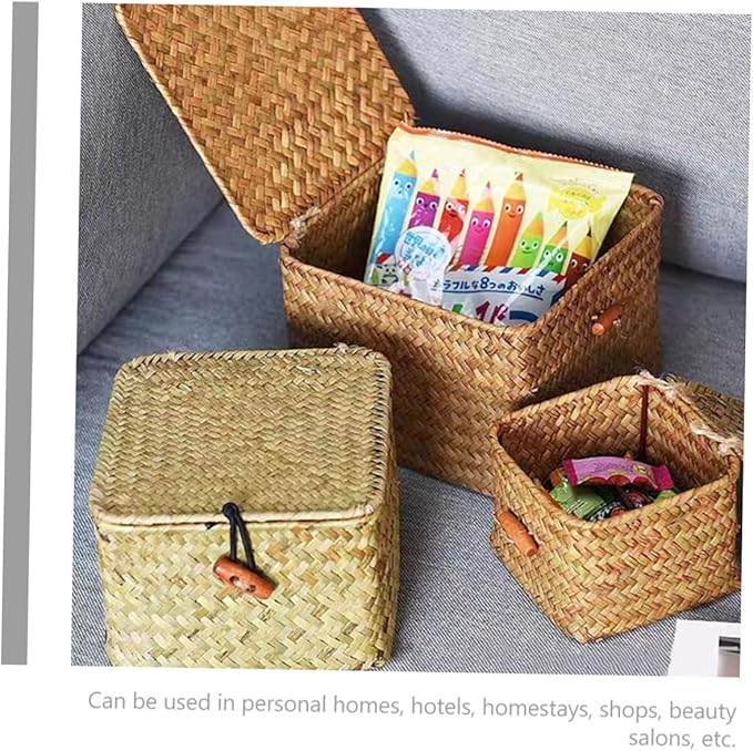IMIKEYA 1Pc Natural Woven Storage Box with Lid Multi Functional present Holding Basket for Home Decor for Organizing Bedroom Stylish