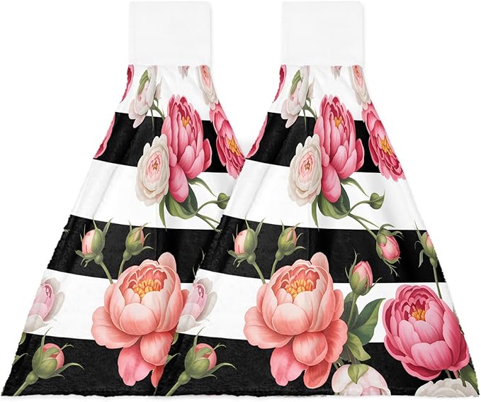 Alandar Home Kitchen Tie Towel Set of 2, Country Pink Rose Flowers Absorbent Soft Hand Towels for Bathroom Hanging Towels, Floral on Black White Striped Fast Drying Cleaning Cloth with Loop