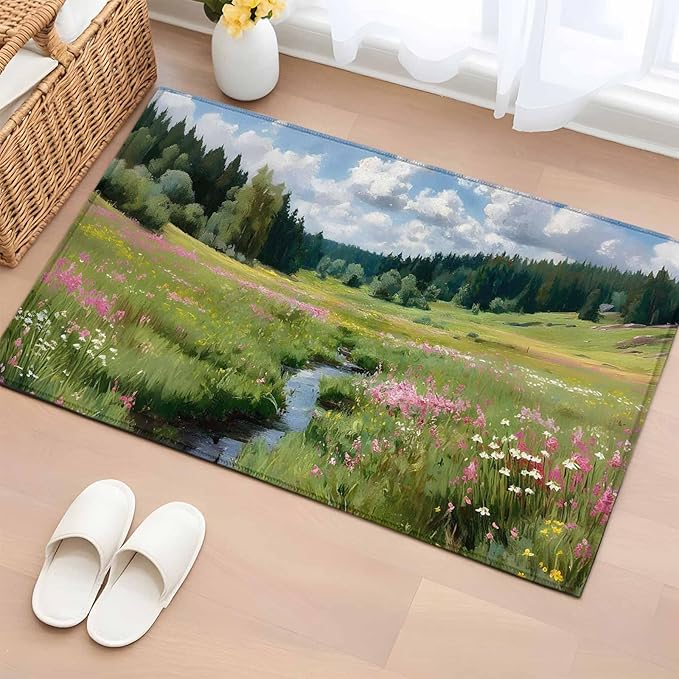 Area Rug 2x3ft, Watercolor Flowers Leaves Forest Meadow Washable Rugs for Living Room Bedroom, Oil Paint Texture Soft Non-Slip Area Rugs Rectangle Floor Carpet for Dining Room