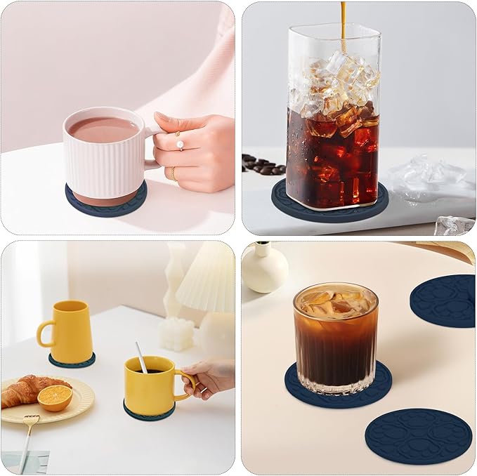 Blue Silicone Coasters with Holder, 4 Inch Non-Slip Round Coffee Cup Mats, Modern Drink Coaster Set of 6 for Desk, Table, Coffee, Beer & Beverage, Dishwasher Safe - Housewarming Gift