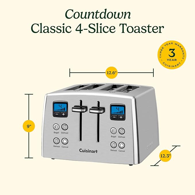 Cuisinart 4 Slice Countdown Motorized Toaster, Compact Design with Extra-Wide Slots for Toasting, Defrost & Reheat Functions, CPT-435P1, Stainless Steel
