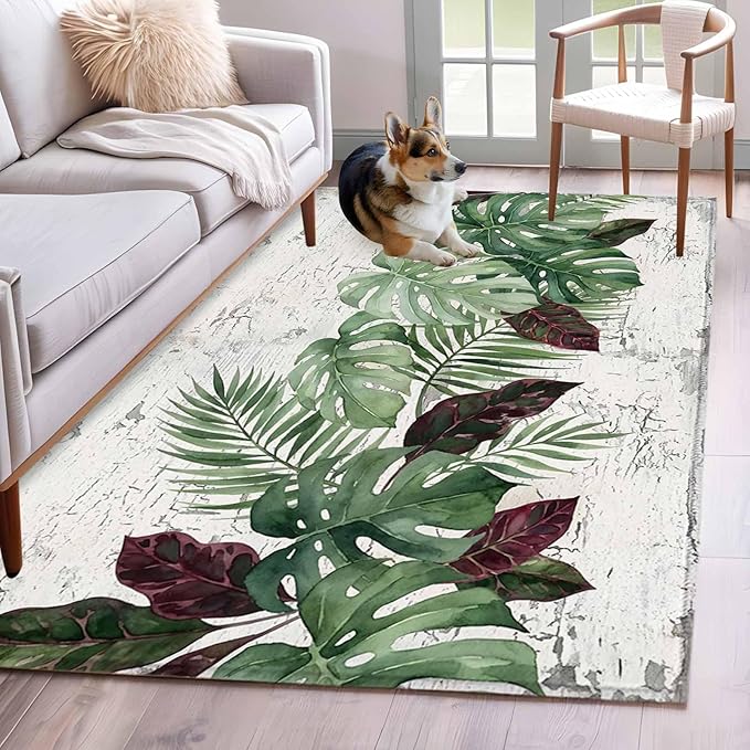 Area Rug 4x6ft, Summer Green Monstera Palm Leaves Washable Rugs for Living Room Bedroom, Vintage Botantical Soft Non-Slip Area Rugs Rectangle Floor Carpet for Dining Room