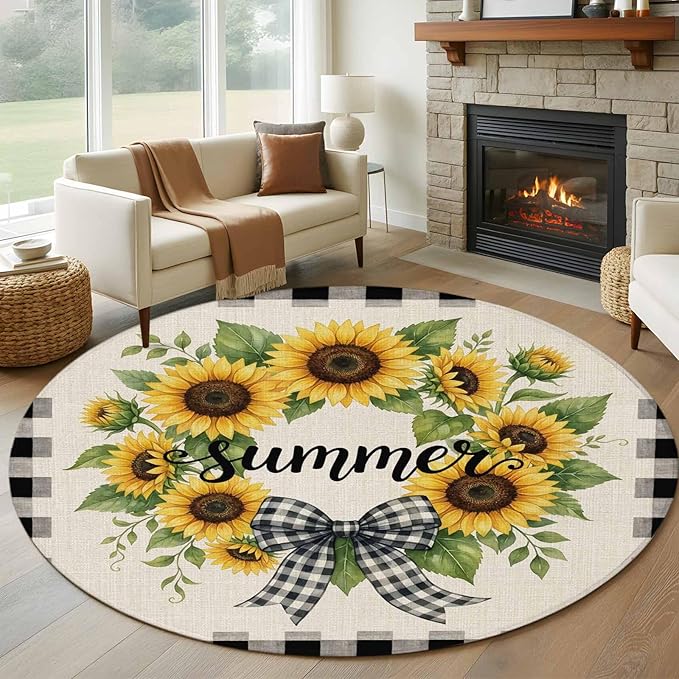 Washable Round Area Rug Summer Words Farm Sunflowers Circle Rugs Floor Carpet for Living Room Bedroom, Butterflies Country Floral Soft Non Slip Round Rug 5ft